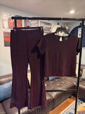 Girl’s Burgundy Metallic Stripe Two-Piece Set